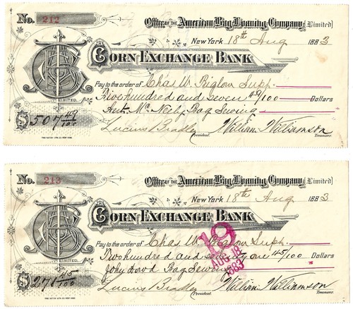 1883 Corn Exchange Bank New York New York 2 Cancelled Bank Checks w/Cut Cancels.