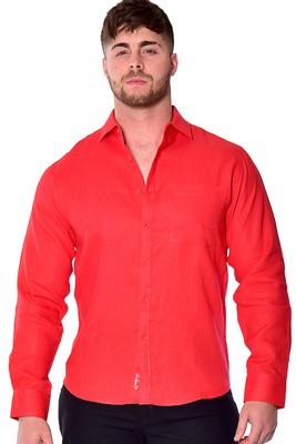 Bohio Mens 100% Linen Long Sleeve Button Down Shirt in Red  (S~3X) MLS2043