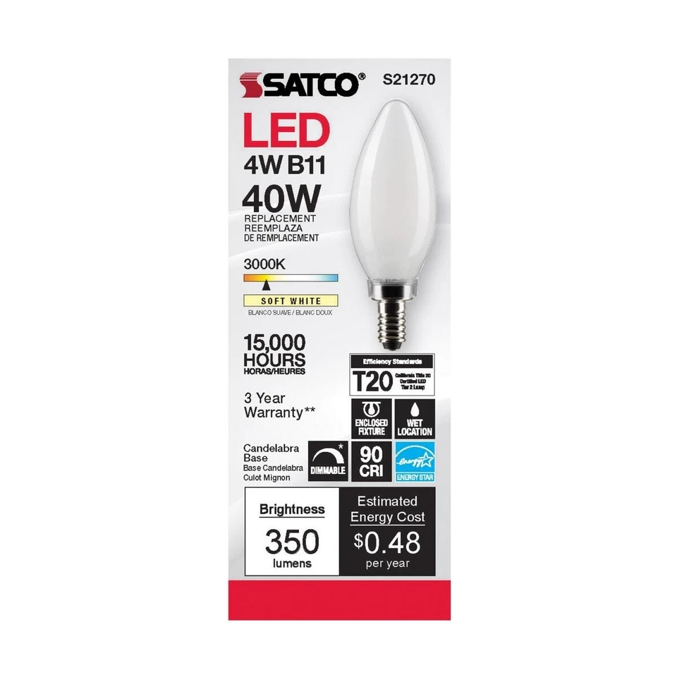 Satco S21270 - 4 Watt B11 LED E12 Frost Bulbs -3000K (2, 6 or 24 Pack) - Image 4 of 4