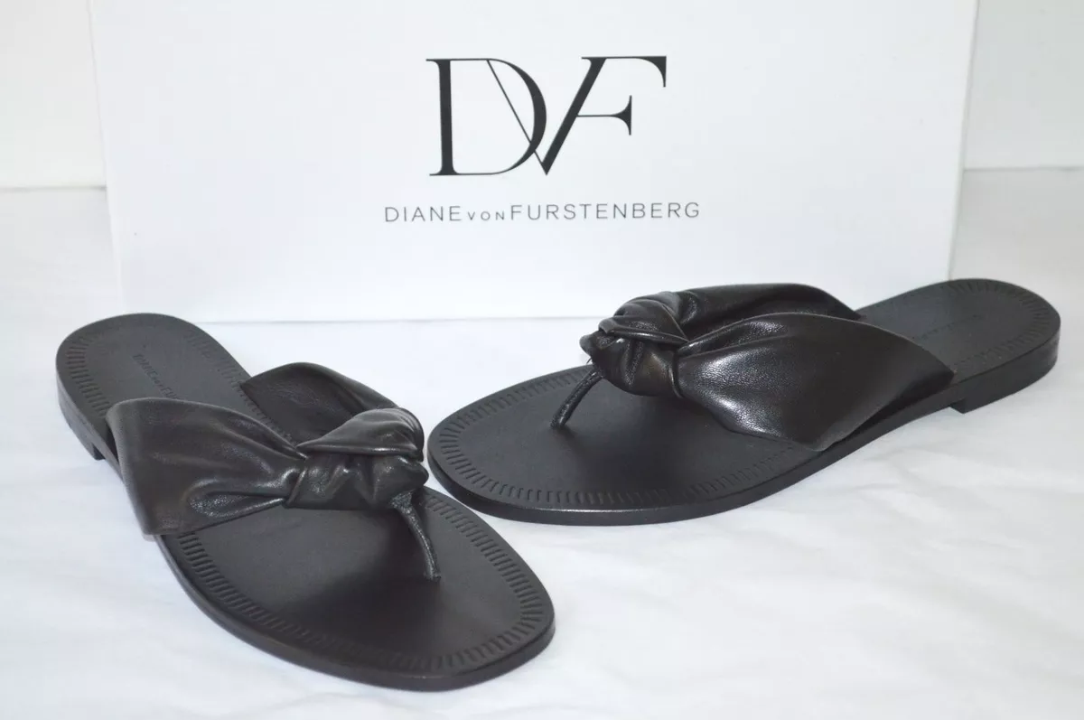 New 148 Diane Von Furstenberg Etna Black Leather Slip On Slide Sandal sz 6