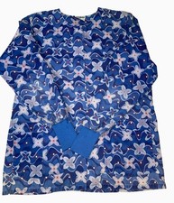Landau Women's Blue Floral Print Scrub Jacket Long Sleeve