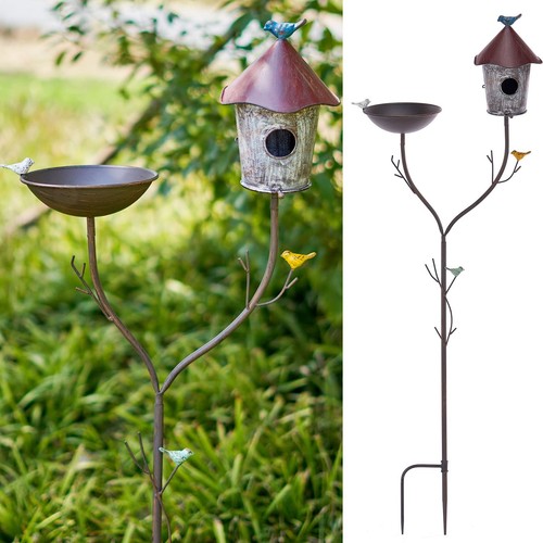 Bird Baths and BirdHouses with Pole, Distressed Metal Bird Bath Bowl and Bird...