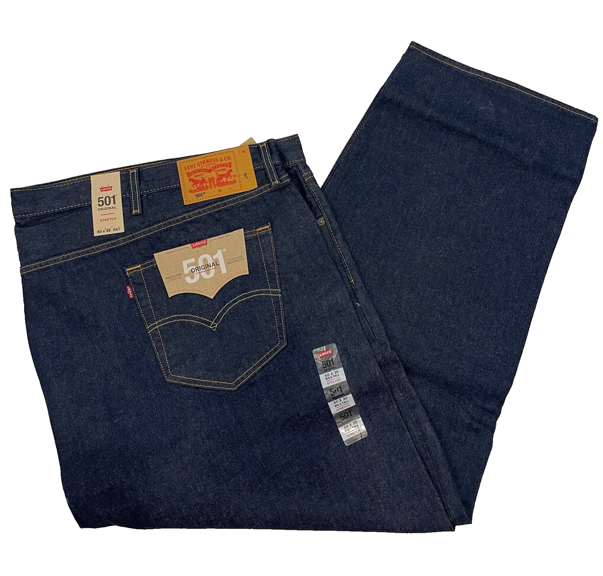 Levis 501 Original Fit Mens Stretch Jeans 60X30 Big & Tall Dark