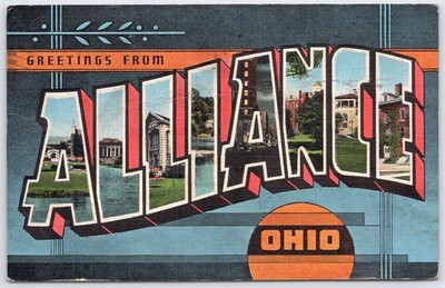 Greetings From Alliance Ohio Large Letter Linen Postcard Multiple Views E.C