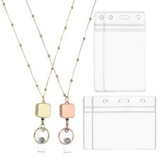 2Pcs Square Badge Necklace Lanyard with 2 Set ID Holder, Gold Tone/Rose Gold