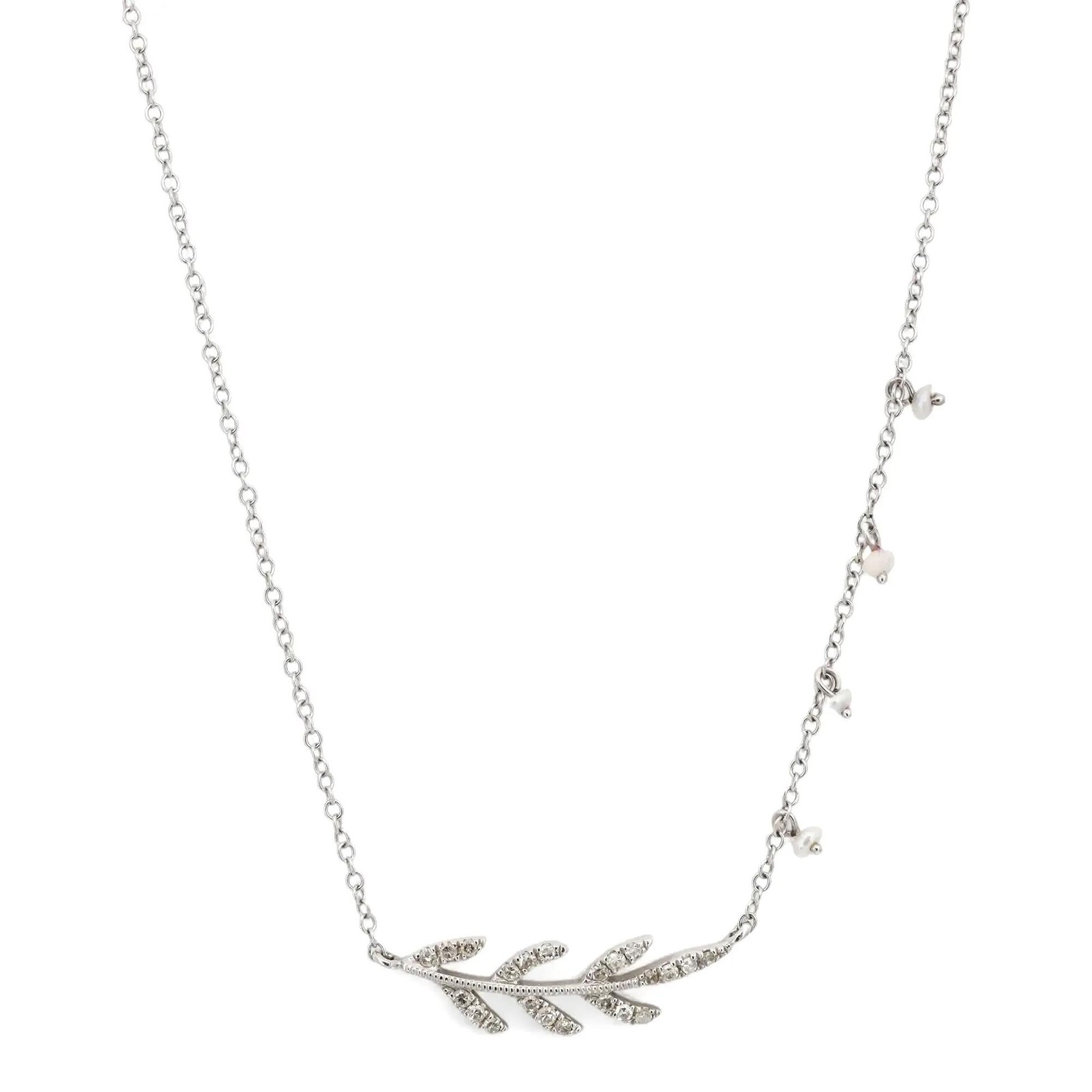 Meira T Round Cut Diamond & Pearls Leaf Pendant Necklace 14K White Gold