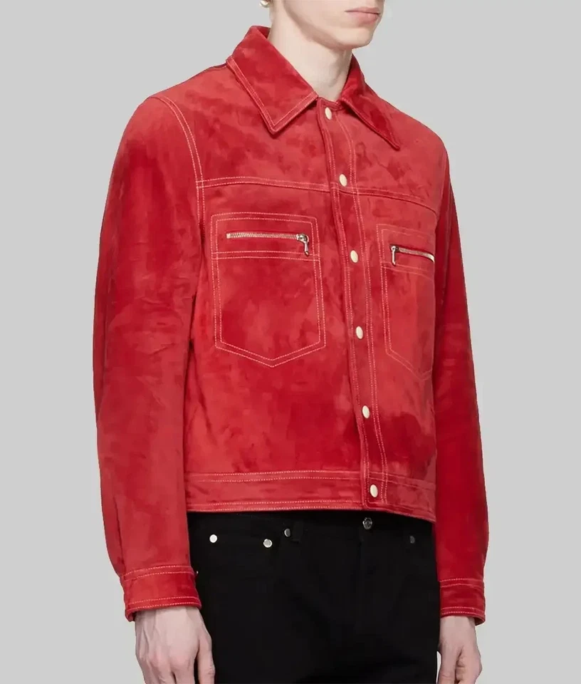 Mens Red Leather Trucker Jacket Pure Suede Custom Made Size S M L XL 2XL 3XL - Image 4 of 4