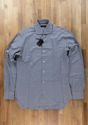 (NO CUSTOMS TAX) BARBA Napoli Culto blue white gingham cotton shirt 40 / 15.75