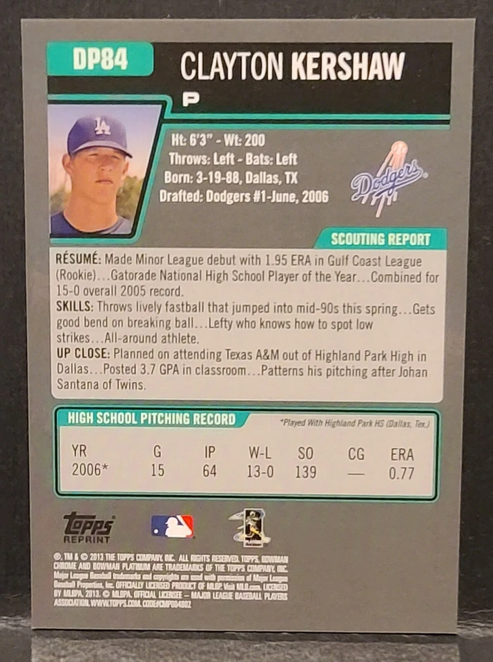 2013 Bowman Chrome Sapphire Blue Refractor Clayton Kershaw RC Reprint #DP84 - Image 2 of 2