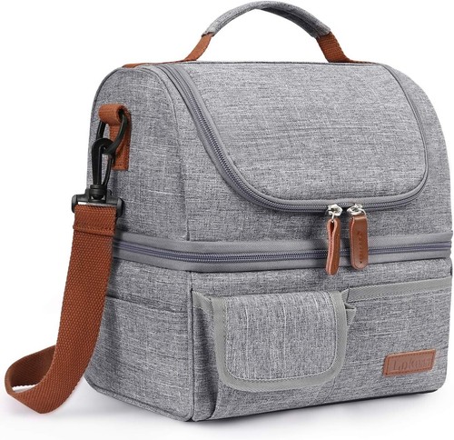 Gray LOKASS Dual-Deck Cooler Tote Lunch Bag with Detachable Shoulder Strap - Picture 8 of 8