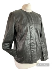 Max Studio Ladies Black Real Leather Button Up Round Neck Jacket Uk 8 10 Biker