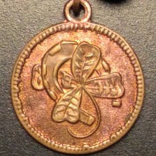 SCARCE! GOOD LUCK Token on original pin. Old charm/medal/counter/bar/ingot/lot.
