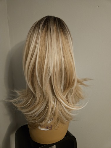 WOMEN'S BLONDE BANGS LAYERED HAIR WIG DARKER ROOTS WITH HIGHLIGHTS