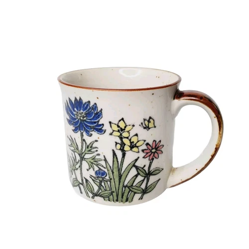 Japan Speckled Brown Wild Flowers Pottery Mug