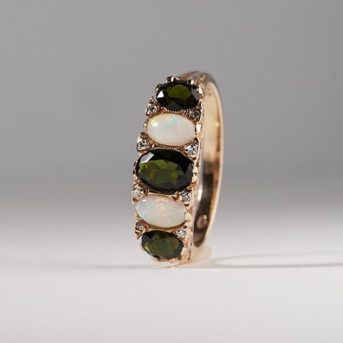 Vintage White Opal Green Tourmaline Victorian Bridge Ring 9ct Gold Size R.5 / 9 - Picture 4 of 12