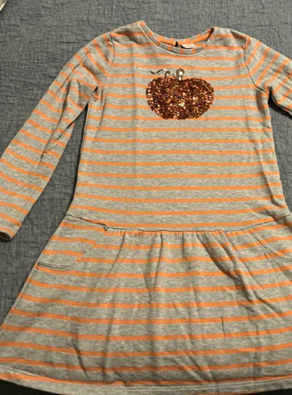 Gymboree Girls Pumpkin Dress 12 comfy w/ pockets gray orange stripes