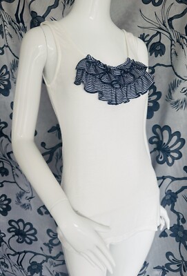 CLAUDE D'ALBAN PARIS Designer weißes Trägertop Baumwolle gestreift Rüschen Gr...