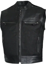 Mens Perforated Leather and Mesh Biker Style Motorcycle Vest Concealed Carry