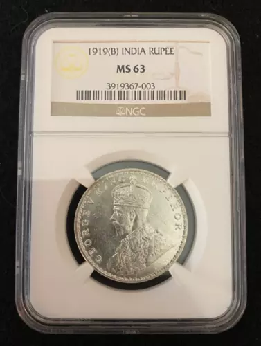 British India 1919 B George Rupee SILVER NGC MS 63