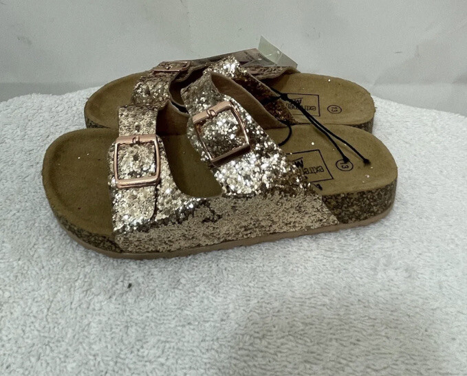 Extremely Me Girls Gold Glitter Double Buckle Strap Slip On Cork Shoes Size 13