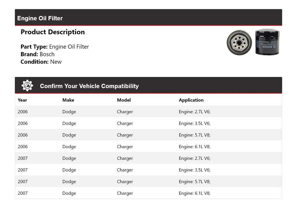 Filtro de aceite de motor Bosch para Dodge Charger 2006-2007 Foto 2 de 3