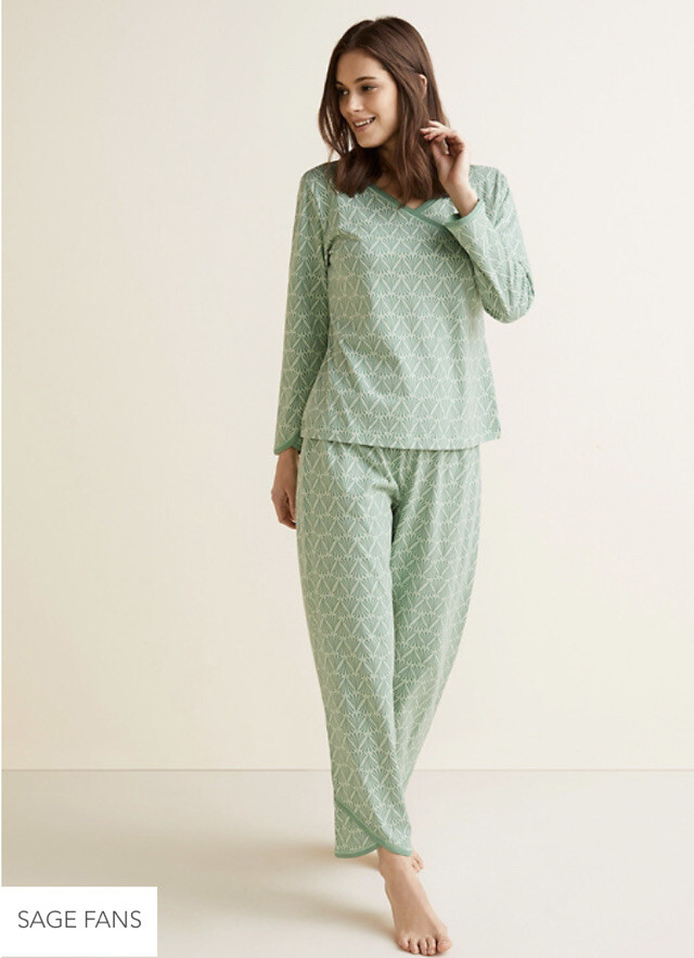 NWT S L or XL Garnet Hill Asian Wrap Full Length Pajamas Sage Fan