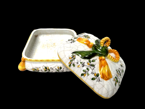 Caja de baratijas florales vintage de porcelana negra agrietada amarilla Meiselman Italia - Imagen 1 de 9