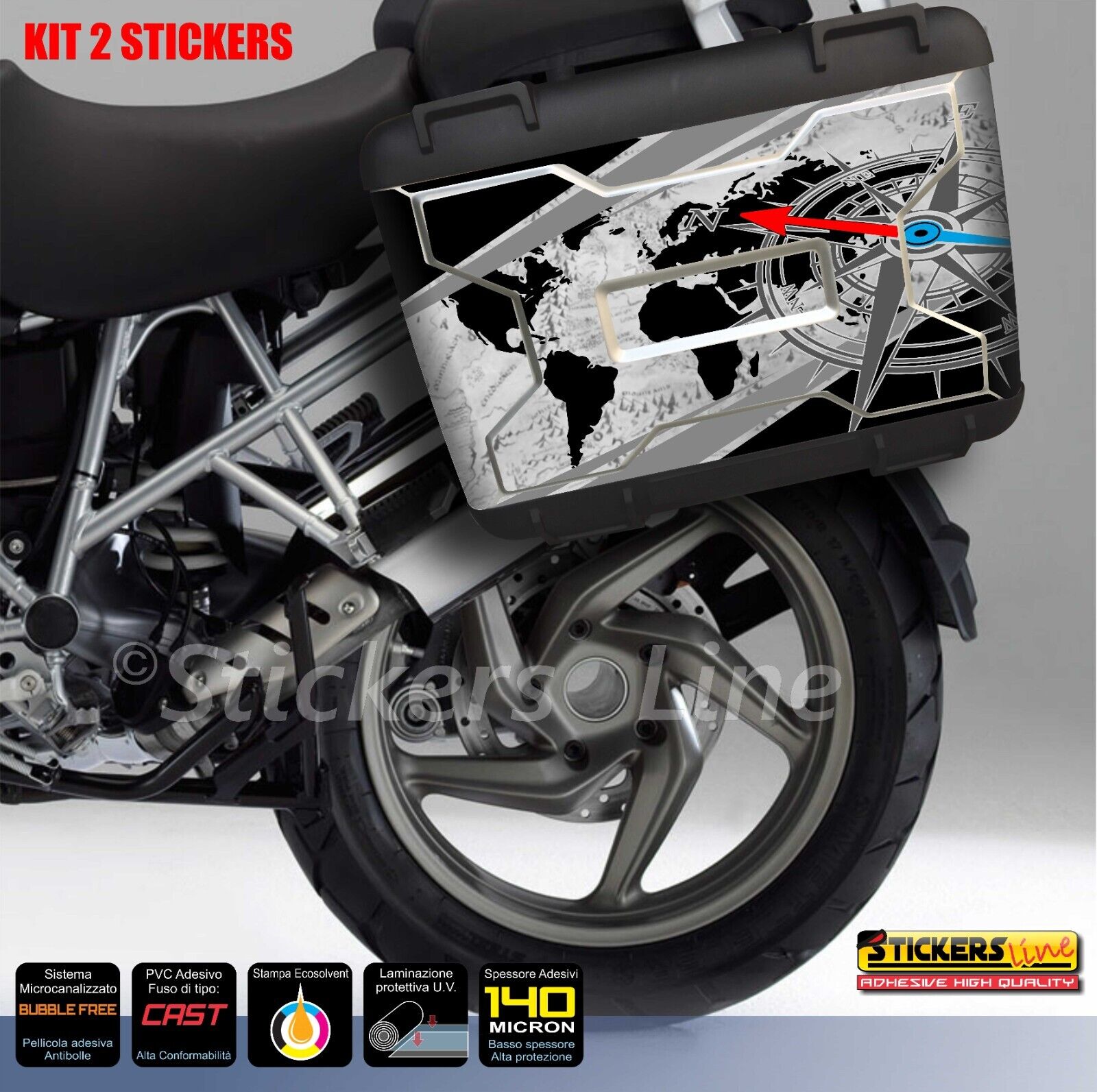 2 adesivi valigie BMW R1200GS K25 bussola + planisfero borse fino al 2012 - Foto 2 di 2