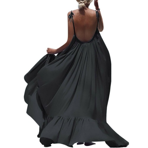 Women Sleeveless Sexy Dress Boho Maxi Solid Backless Party Beach Long Dress - Picture 8 of 14