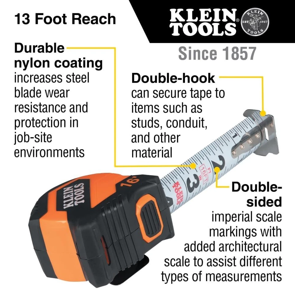 Klein Tools 9516 Tape Measure, 16-Foot Compact Double-Hook Imperial Measuring Ta - Image 2 of 4