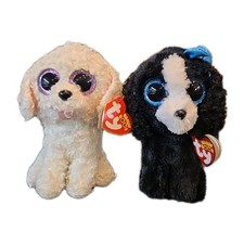 Ty Beanie Boos “Tracey” w/ Blue Bow “PIPPIE” the Black & White Puppys Dog 6"