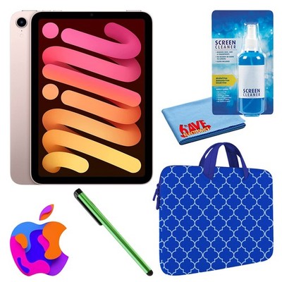Apple iPad Mini 6 (64GB, Cellular, Pink) Bundle with Blue Moroccan Sleeve