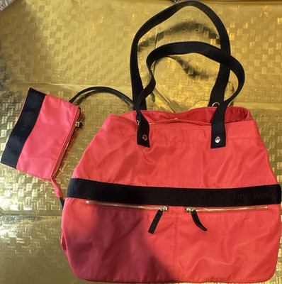 Steve Madden Pink & Black Solid Tote Bag Zip Closure Logo Accent w/ Pouch