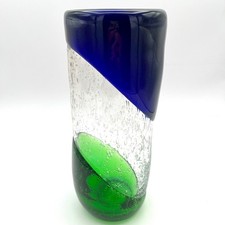Hand Blown Art Glass Vase Green Blue Clear Bubble Design Home Decor Accent 9.75"