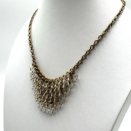 J Crew Bib Necklace Gold Tone Embellished Faceted Glass Beads Chain Mesh 18" - Picture 3 of 11