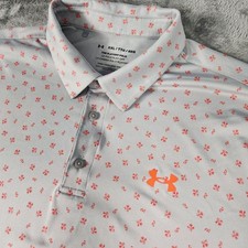 Under Armour Mens XXL Gray Red Floral Playoff Polo Loose Orange Logo Golf Y2K