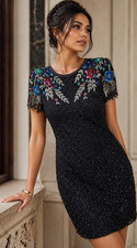 Vintage Y2K Scala Beaded Party Dress S Black Floral Embroidered Silk Glam CHIC