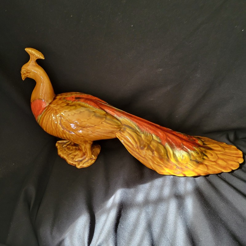Vintage MCM Hand Painted Glazed Ceramic Peacock 17”x 9 Orange Yellow Greens