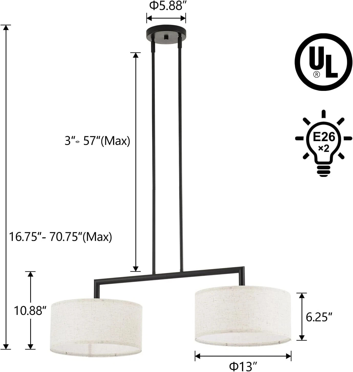 39" Modern Chandelier, 2-Light Off-White Fabric Pendant, Matte Black, UL Listed✨ thumbnail 6