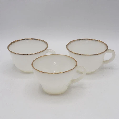 Anchor Hocking Fire King Gold Rim Scallop Swirl Coffee/Tea Cups Lot of 3