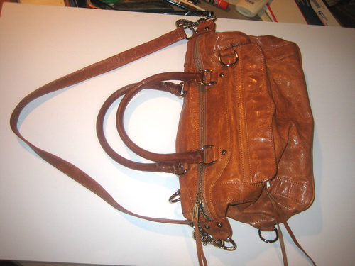 REBECCA MINKOFF CAMEL/BROWN SATCHEL HANDLE + CROSSBODY LEATHER BAG GOLD ZIPPERS - Picture 4 of 10