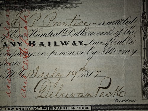 1877 Albany Railway Stock Certificato - Prentice Estate & Delavan Peck Firmato - Foto 4 di 8