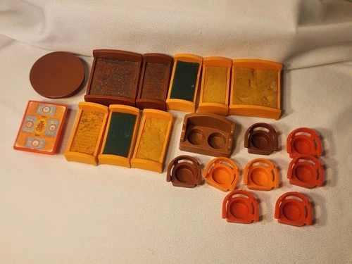19 Piece Lot Of Vintage Fisher-Price Little People Brown And Orange Furniture