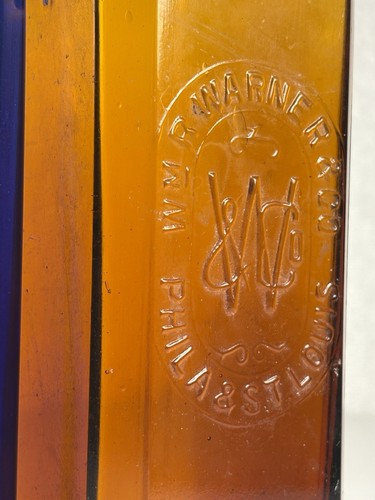 PAIR COBALT AMBER WR WARNER SQUARE DRUGSTORE MEDICINE BOTTLES 1870S PA ST LOUIS - Picture 12 of 22