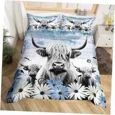 Highland Cow Print Duvet Cover,Blue Western Farmhouse Bedding Set Queen Cow-02