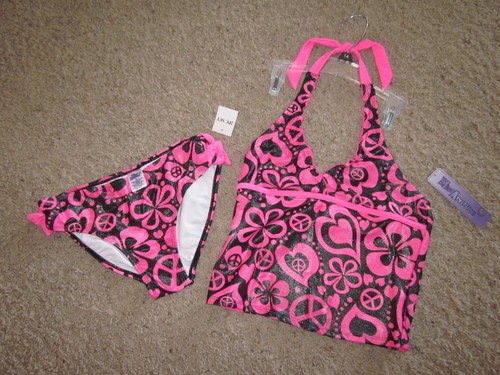 Miss Attitude Girls14 Black/Pink Hearts & Peace Tankini SwimSuit Really Cute NWT - Picture 4 of 8