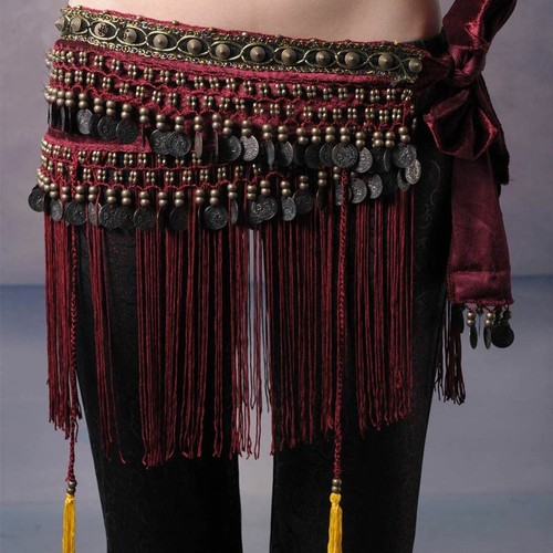 Tribal Belly Dance Hip Scarf Skirt Dancing Fringe Tassel Copper Coins Sash Belt - Afbeelding 1 van 7