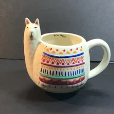 Natural Life Llama Folk Art Mug Ceramic Hand Painted Colorful Live Happy 16oz