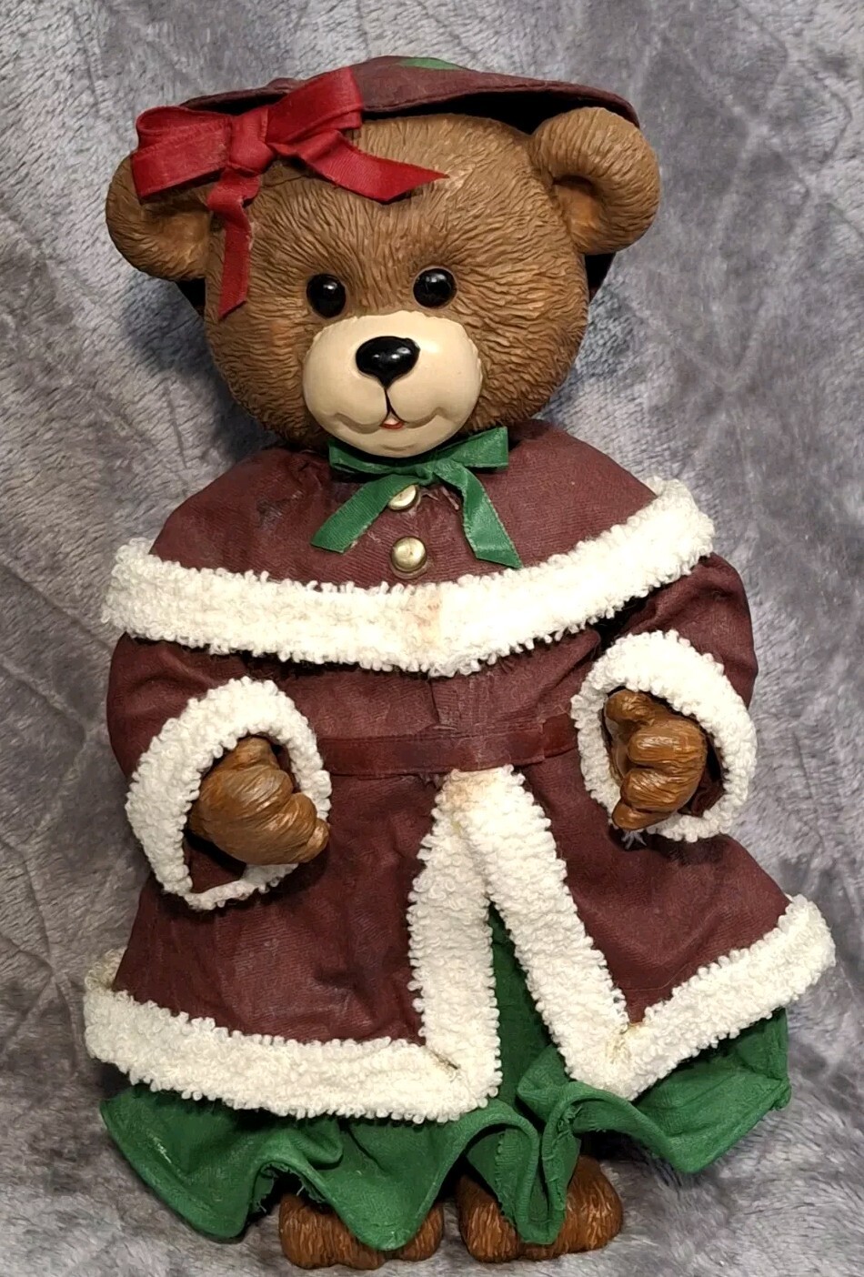 Christmas Teddy Bear Figure Holiday Decor Mrs Bear Figurine Girl Green Red
