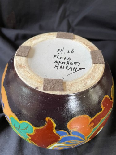 antique large Dutch Gouda Arnhem pottery rosebowl. Appr 1920. Several marks - Picture 8 of 9